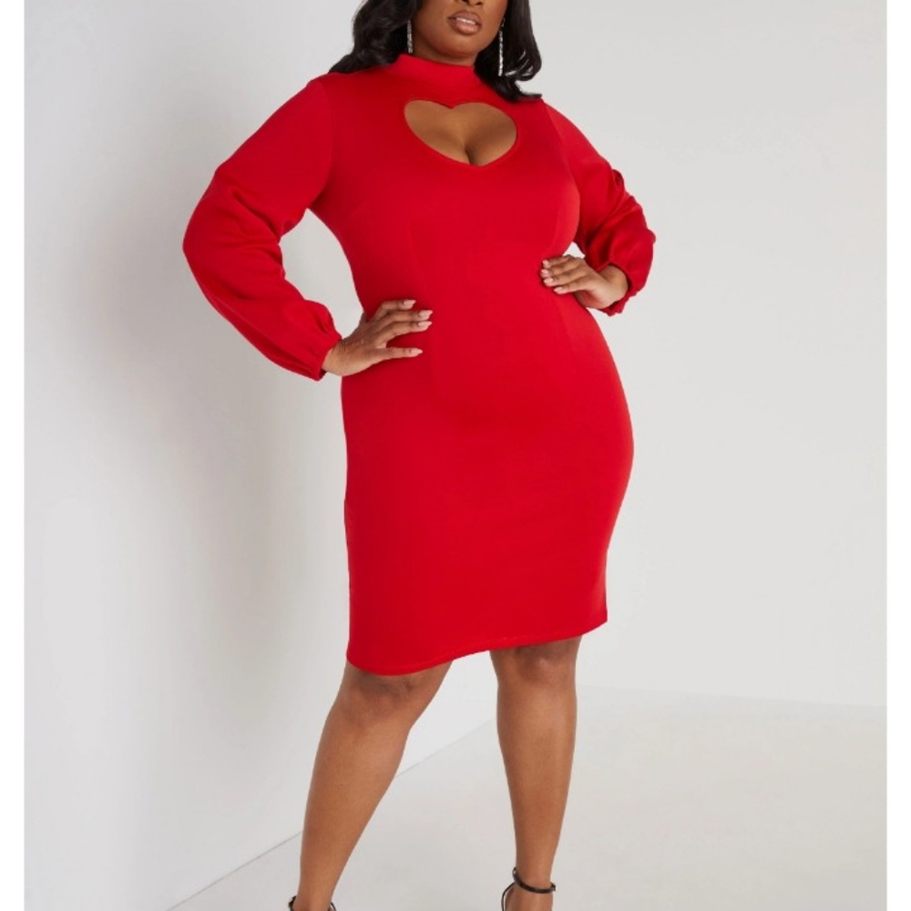 Ashley Stewart Elegant Red Heart Cutout Dress